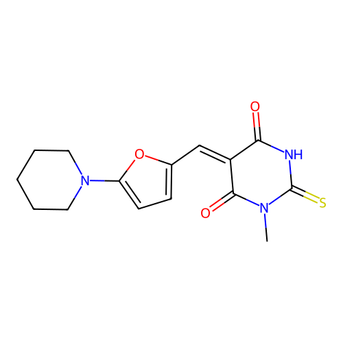 (5Z)-1-methyl-5-[(5-piperidin-1-ylfuran-2-yl)methylidene]-2-sulfanylidene-1,3-diazinane-4,6-dione structure