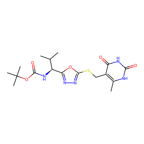 (S)-tert-butyl (2-methyl-1-(5-(((6-methyl-2,4-dioxo-1,2,3,4-tetrahydropyrimidin-5-yl)methyl)thio)-1,3,4-oxadiazol-2-yl)propyl)carbamate structure