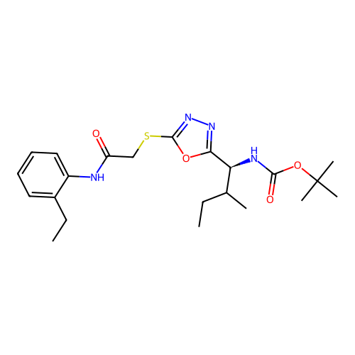 tert-butyl ((1S,2R)-1-(5-((2-((2-ethylphenyl)amino)-2-oxoethyl)thio)-1,3,4-oxadiazol-2-yl)-2-methylbutyl)carbamate structure
