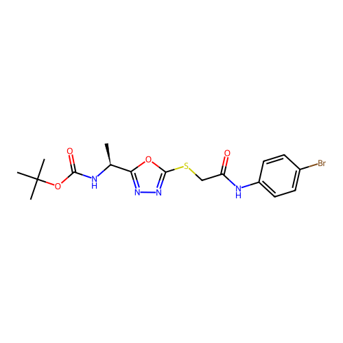 (S)-tert-butyl (1-(5-((2-((4-bromophenyl)amino)-2-oxoethyl)thio)-1,3,4-oxadiazol-2-yl)ethyl)carbamate structure