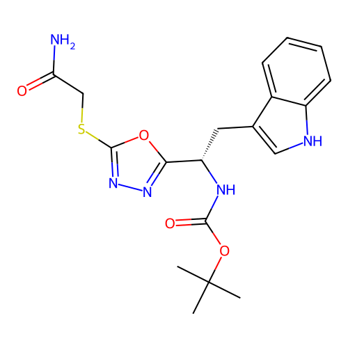 (S)-tert-butyl (1-(5-((2-amino-2-oxoethyl)thio)-1,3,4-oxadiazol-2-yl)-2-(1H-indol-3-yl)ethyl)carbamate structure