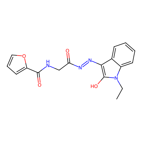 N-[2-[(1-ethyl-2-hydroxyindol-3-yl)diazenyl]-2-oxoethyl]furan-2-carboxamide structure