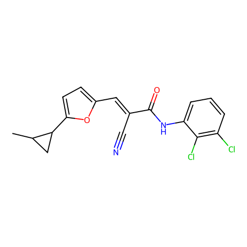 (E)-2-Cyano-N-(2,3-dichloro-phenyl)-3-[5-(2-methyl-cyclopropyl)-furan-2-yl]-acrylamide structure