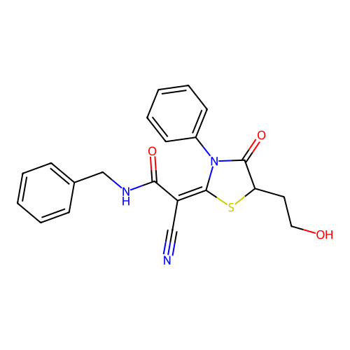 (E)-N-benzyl-2-cyano-2-(5-(2-hydroxyethyl)-4-oxo-3-phenylthiazolidin-2-ylidene)acetamide structure
