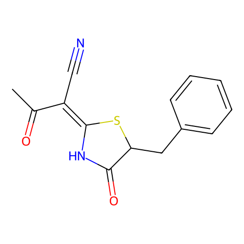 (E)-2-(5-benzyl-4-oxothiazolidin-2-ylidene)-3-oxobutanenitrile structure