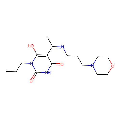 (E)-1-allyl-5-(1-((3-morpholinopropyl)amino)ethylidene)pyrimidine-2,4,6(1H,3H,5H)-trione structure