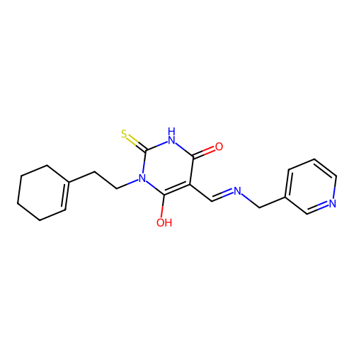 (5E)-1-[2-(cyclohex-1-en-1-yl)ethyl]-5-{[(pyridin-3-ylmethyl)amino]methylidene}-2-sulfanylpyrimidine-4,6(1H,5H)-dione structure