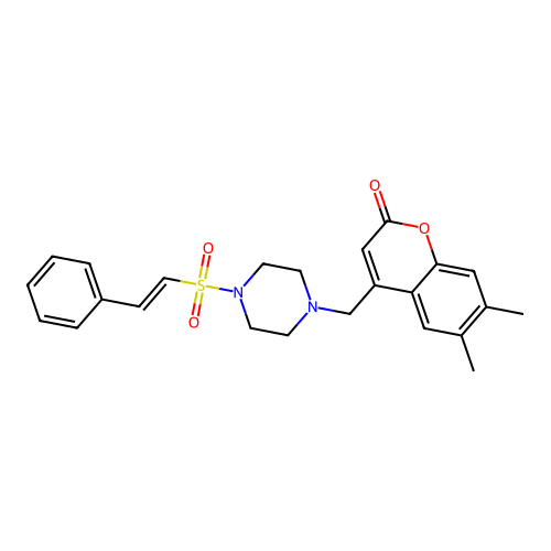 6,7-dimethyl-4-[[4-(2-phenylethenylsulfonyl)piperazin-1-yl]methyl]chromen-2-one structure