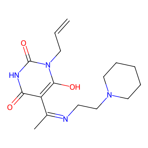 (5Z)-5-(1-{[2-(piperidin-1-yl)ethyl]amino}ethylidene)-1-(prop-2-en-1-yl)pyrimidine-2,4,6(1H,3H,5H)-trione structure