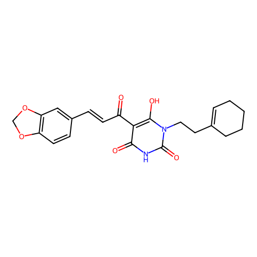 (E)-5-(3-(benzo[d][1,3]dioxol-5-yl)acryloyl)-3-(2-(cyclohex-1-en-1-yl)ethyl)-6-hydroxypyrimidine-2,4(1H,3H)-dione structure