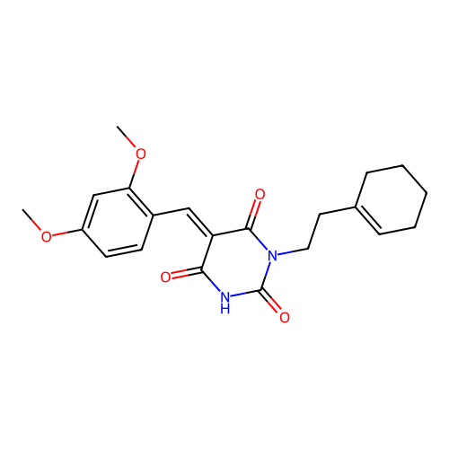 (E)-1-(2-(cyclohex-1-en-1-yl)ethyl)-5-(2,4-dimethoxybenzylidene)pyrimidine-2,4,6(1H,3H,5H)-trione structure