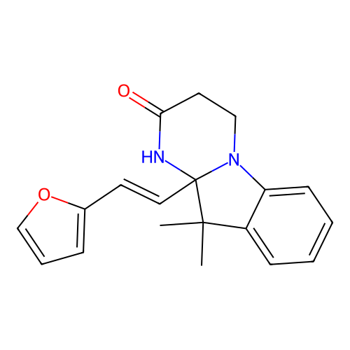 (E)-10a-(2-(furan-2-yl)vinyl)-10,10-dimethyl-3,4,10,10a-tetrahydropyrimido[1,2-a]indol-2(1H)-one structure