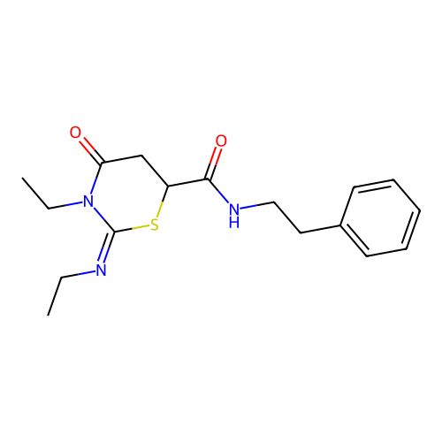 (2Z)-3-ethyl-2-(ethylimino)-4-oxo-N-(2-phenylethyl)-1,3-thiazinane-6-carboxamide structure