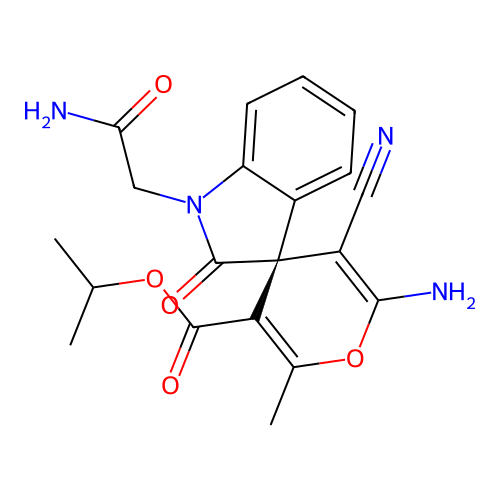 (R)-isopropyl 2'-amino-1-(2-amino-2-oxoethyl)-3'-cyano-6'-methyl-2-oxospiro[indoline-3,4'-pyran]-5'-carboxylate structure