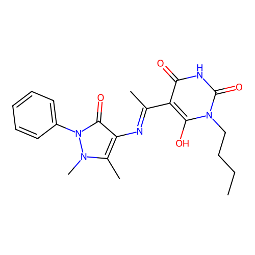 (E)-1-butyl-5-(1-((1,5-dimethyl-3-oxo-2-phenyl-2,3-dihydro-1H-pyrazol-4-yl)amino)ethylidene)pyrimidine-2,4,6(1H,3H,5H)-trione structure
