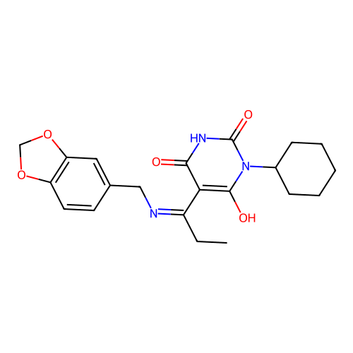 (5E)-1-cyclohexyl-5-[1-(piperonylamino)propylidene]barbituric acid structure