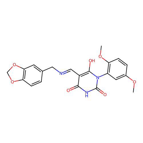 (5E)-5-[(1,3-benzodioxol-5-ylmethylamino)methylidene]-1-(2,5-dimethoxyphenyl)-1,3-diazinane-2,4,6-trione structure