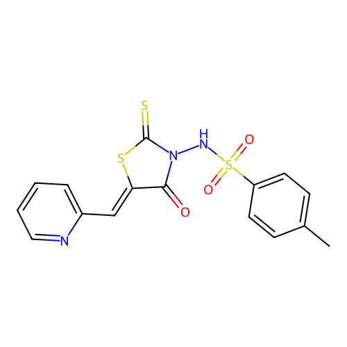4-methyl-N-[(5Z)-4-oxo-5-(pyridin-2-ylmethylidene)-2-thioxo-1,3-thiazolidin-3-yl]benzenesulfonamide structure