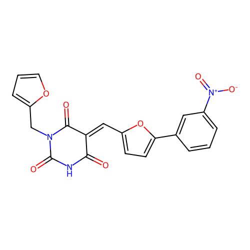 (5E)-1-(furan-2-ylmethyl)-5-{[5-(3-nitrophenyl)furan-2-yl]methylidene}pyrimidine-2,4,6(1H,3H,5H)-trione structure