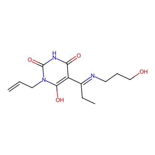 (E)-1-allyl-5-(1-((3-hydroxypropyl)amino)propylidene)pyrimidine-2,4,6(1H,3H,5H)-trione structure