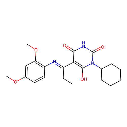 (5E)-1-cyclohexyl-5-[1-(2,4-dimethoxyanilino)propylidene]-1,3-diazinane-2,4,6-trione structure