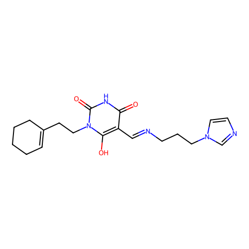 (5E)-1-[2-(cyclohexen-1-yl)ethyl]-5-[(3-imidazol-1-ylpropylamino)methylidene]-1,3-diazinane-2,4,6-trione structure