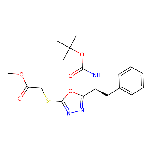(S)-methyl 2-((5-(1-((tert-butoxycarbonyl)amino)-2-phenylethyl)-1,3,4-oxadiazol-2-yl)thio)acetate structure