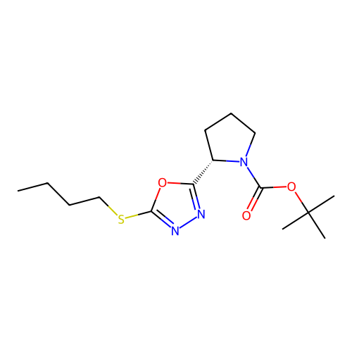 (S)-tert-butyl 2-(5-(butylthio)-1,3,4-oxadiazol-2-yl)pyrrolidine-1-carboxylate structure