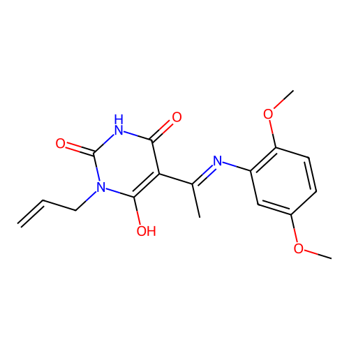(Z)-1-allyl-5-(1-((2,5-dimethoxyphenyl)amino)ethylidene)pyrimidine-2,4,6(1H,3H,5H)-trione structure