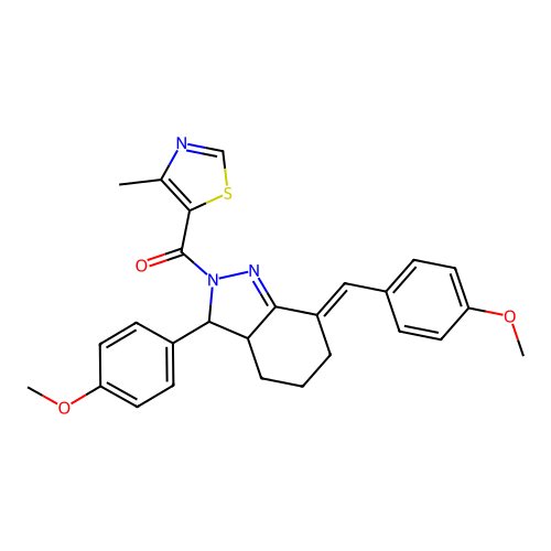[(7E)-3-(4-methoxyphenyl)-7-[(4-methoxyphenyl)methylidene]-3a,4,5,6-tetrahydro-3H-indazol-2-yl]-(4-methyl-1,3-thiazol-5-yl)methanone structure