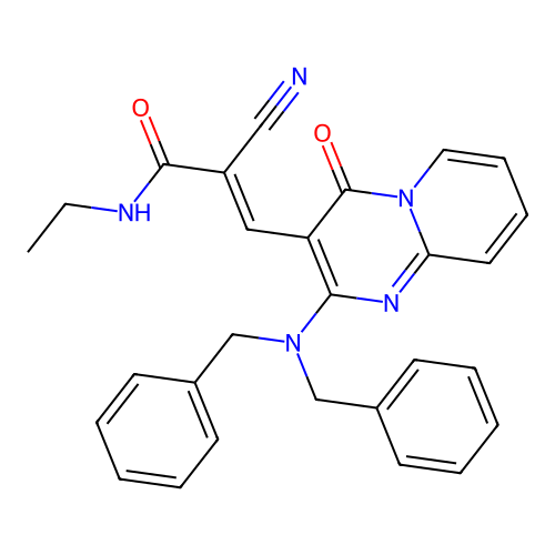 (2E)-2-cyano-3-[2-(dibenzylamino)-4-oxo-4H-pyrido[1,2-a]pyrimidin-3-yl]-N-ethylprop-2-enamide structure