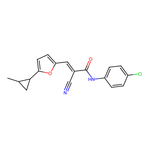 (E)-N-(4-Chloro-phenyl)-2-cyano-3-[5-(2-methyl-cyclopropyl)-furan-2-yl]-acrylamide structure