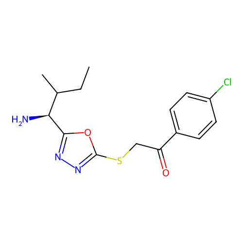 2-((5-((1S,2S)-1-amino-2-methylbutyl)-1,3,4-oxadiazol-2-yl)thio)-1-(4-chlorophenyl)ethanone structure