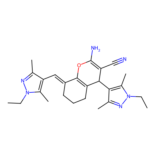 (8E)-2-amino-4-(1-ethyl-3,5-dimethylpyrazol-4-yl)-8-[(1-ethyl-3,5-dimethylpyrazol-4-yl)methylidene]-4,5,6,7-tetrahydrochromene-3-carbonitrile structure