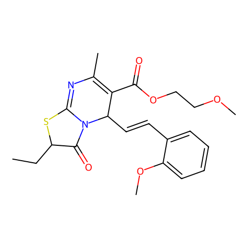 2-Ethyl-5-[(E)-2-(2-methoxy-phenyl)-vinyl]-7-methyl-3-oxo-2,3-dihydro-5H-thiazolo[3,2-a]pyrimidine-6-ca rboxylic acid 2-methoxy-ethyl ester structure
