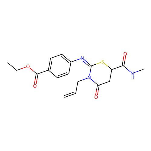 (Z)-ethyl 4-((3-allyl-6-(methylcarbamoyl)-4-oxo-1,3-thiazinan-2-ylidene)amino)benzoate structure