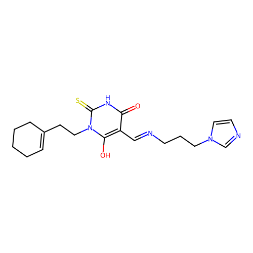 (5E)-1-[2-(cyclohex-1-en-1-yl)ethyl]-5-({[3-(1H-imidazol-1-yl)propyl]amino}methylidene)-2-sulfanylpyrimidine-4,6(1H,5H)-dione structure