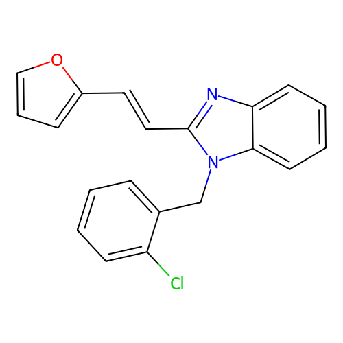 2-((1E)-2-{1-[(2-chlorophenyl)methyl]benzimidazol-2-yl}vinyl)furan structure