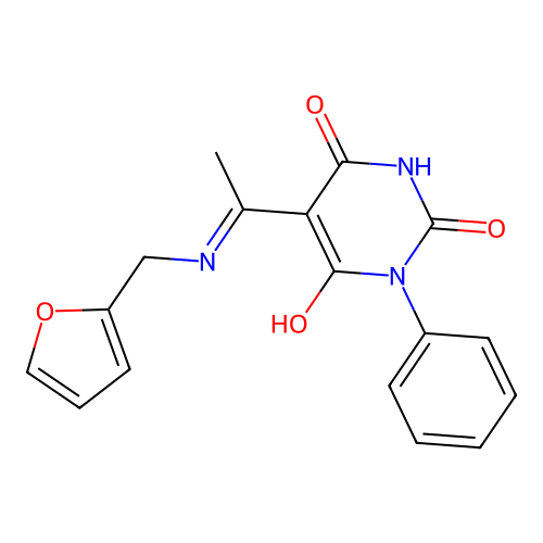 (Z)-5-(1-((furan-2-ylmethyl)amino)ethylidene)-1-phenylpyrimidine-2,4,6(1H,3H,5H)-trione structure