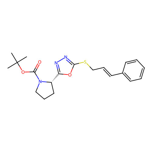 (S,E)-tert-butyl 2-(5-(cinnamylthio)-1,3,4-oxadiazol-2-yl)pyrrolidine-1-carboxylate structure
