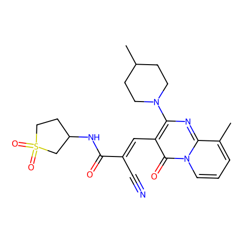 (2E)-2-cyano-N-(1,1-dioxidotetrahydrothiophen-3-yl)-3-[9-methyl-2-(4-methylpiperidin-1-yl)-4-oxo-4H-pyrido[1,2-a]pyrimidin-3-yl]prop-2-enamide structure
