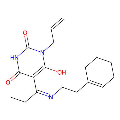 (E)-1-allyl-5-(1-((2-(cyclohex-1-en-1-yl)ethyl)amino)propylidene)pyrimidine-2,4,6(1H,3H,5H)-trione structure
