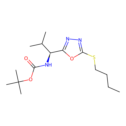(S)-tert-butyl (1-(5-(butylthio)-1,3,4-oxadiazol-2-yl)-2-methylpropyl)carbamate structure