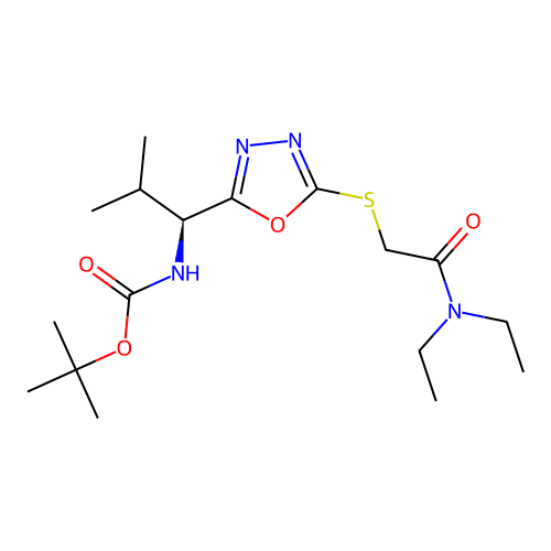 (S)-tert-butyl (1-(5-((2-(diethylamino)-2-oxoethyl)thio)-1,3,4-oxadiazol-2-yl)-2-methylpropyl)carbamate structure