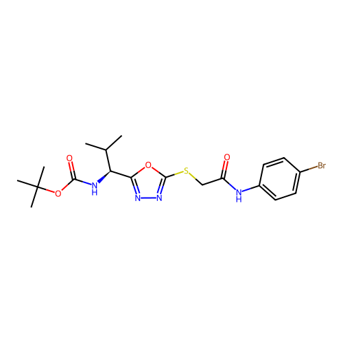 tert-butyl N-[(1S)-1-[5-[2-(4-bromoanilino)-2-oxoethyl]sulfanyl-1,3,4-oxadiazol-2-yl]-2-methylpropyl]carbamate structure