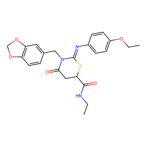 (Z)-3-(benzo[d][1,3]dioxol-5-ylmethyl)-2-((4-ethoxyphenyl)imino)-N-ethyl-4-oxo-1,3-thiazinane-6-carboxamide structure