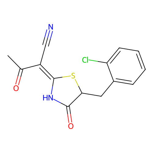 (E)-2-(5-(2-chlorobenzyl)-4-oxothiazolidin-2-ylidene)-3-oxobutanenitrile structure