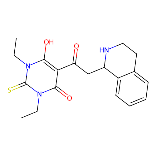 1,3-diethyl-6-hydroxy-5-(2-(1,2,3,4-tetrahydroisoquinolin-1-yl)acetyl)-2-thioxo-2,3-dihydropyrimidin-4(1H)-one structure