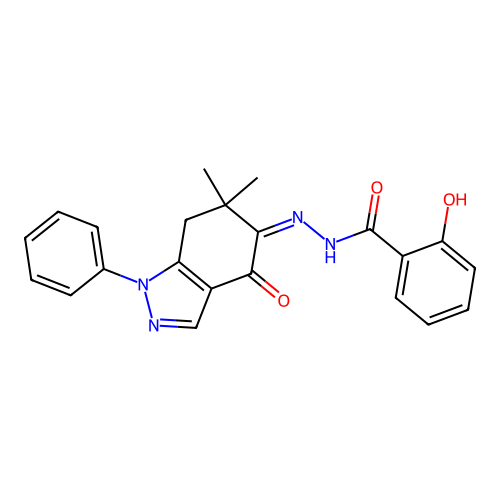 N-[(Z)-(6,6-dimethyl-4-oxo-1-phenyl-7H-indazol-5-ylidene)amino]-2-hydroxybenzamide structure
