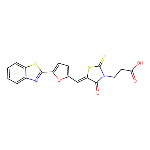 3-[(5Z)-5-[[5-(1,3-benzothiazol-2-yl)furan-2-yl]methylidene]-4-oxo-2-sulfanylidene-1,3-thiazolidin-3-yl]propanoic acid structure